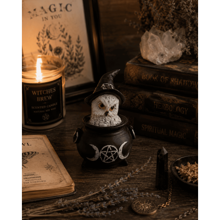 Resin Figurine Owl Wicca Cauldron Triple Moon Purple Hat 7.7x6.2x10cm