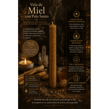 Espelma de Mel amb Pal Sant - 100% Cera d'Abella Autèntica - Atracció Energies Positives, Purificació Profunda, Pau, Benestar