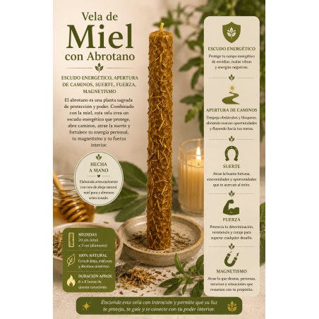 Espelma de Mel amb Abrotano - 100% Cera d'Abella Autèntica - Escut energètic, obertura de camins, sort, força, magnetisme...