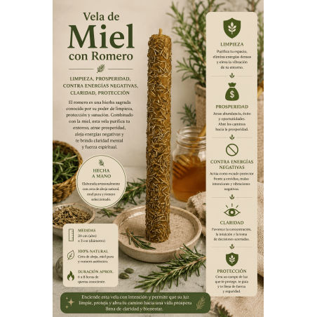 Bougie au miel et au romarin - 100 % cire d'abeille véritable - Purification, prospérité, protection contre les énergies négativ