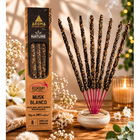 Caixa Encens Orgànic Almizcle Blanco AROMA Nature - 12 capsetes de 8 barretes gruixudes