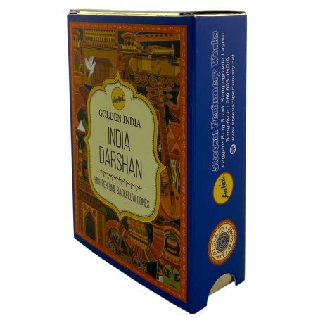 Cones de incenso de refluxo Aromas da Índia SREE VANI India Darshan Golden India - Pacote com 10 cones de refluxo preto