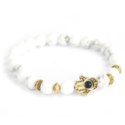 Hamsa de oro / piedra blanca - pulsera de piedras preciosas  - 1