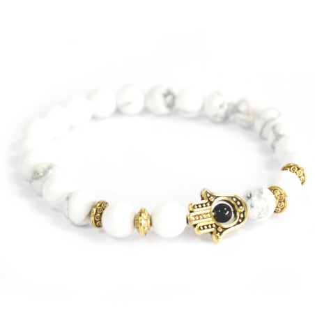 Hamsa de oro / piedra blanca - pulsera de piedras preciosas  - 1