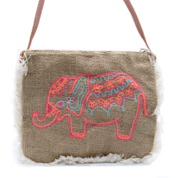 Bolso de yute con flecos - Bordado Elefante  - 1