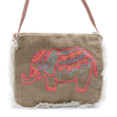 Bolso de yute con flecos - Bordado Elefante  - 1