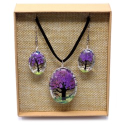 Colgante y Pendientes Flores Prensadas - Arbol De La Vida - Lavanda  - 1