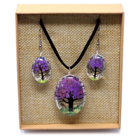 Colgante y Pendientes Flores Prensadas - Arbol De La Vida - Lavanda  - 1