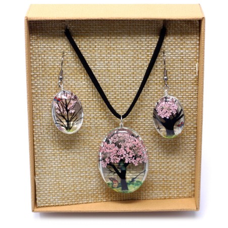 Colgante y Pendientes Flores Prensadas Flores Prensadas - Arbol De La Vida - Rosa  - 1