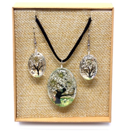 Colgante y Pendientes Flores Prensadas Flores Prensadas - Arbol De La Vida - Blanco  - 1