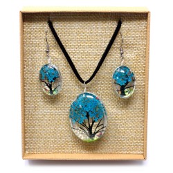 Colgante y Pendientes Flores Prensadas Flores Prensadas - Arbol De La Vida - azul verde  - 1