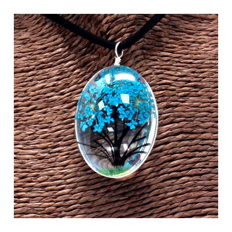 Colgante y Pendientes Flores Prensadas Flores Prensadas - Arbol De La Vida - azul verde  - 3