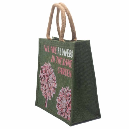 bolsa de yute estampada - Somos flores - Oliva, Rosa y Natural  - 2