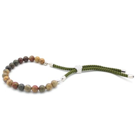 Pulsera ajustable de hilo verde con Jásper multicolor en oro de 18 quilates  - 1
