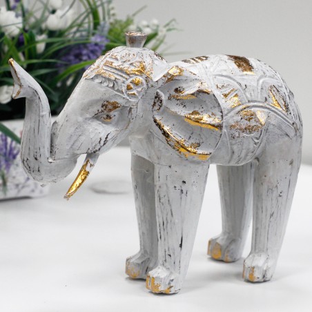 Elefante Tallado en Madera - Oro Blanco - 8x27x24cm - Hecho en Indonesia