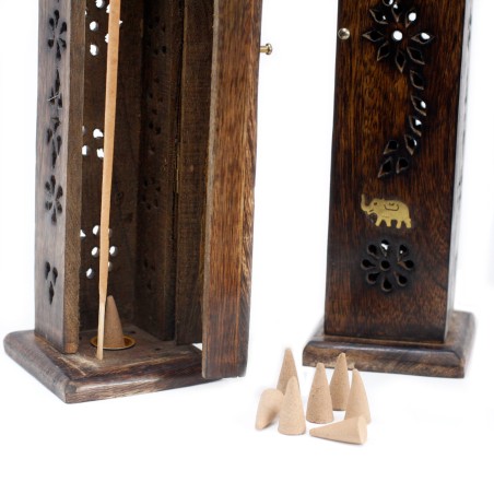 Quadratischer Räucherstäbchenturm - Räucherstäbchenhalter - Mangoholz - Räucherstäbchen & Kegel - 30x5x5cm