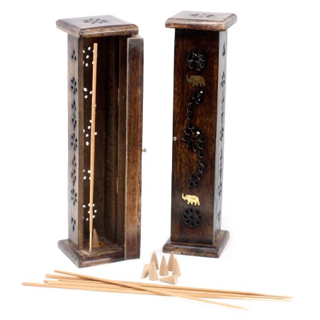 Quadratischer Räucherstäbchenturm - Räucherstäbchenhalter - Mangoholz - Räucherstäbchen & Kegel - 30x5x5cm